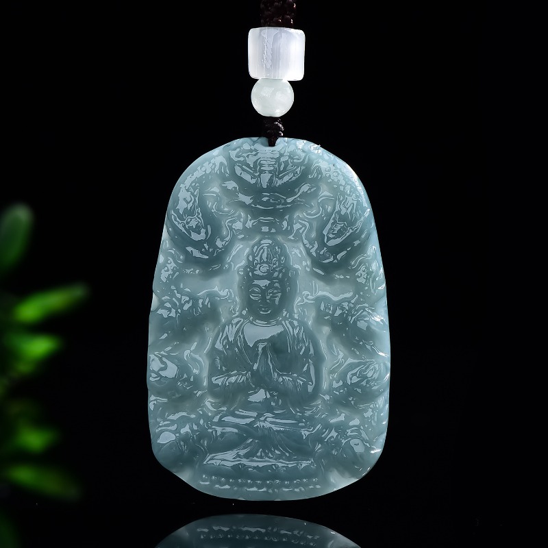 Necklace Pendant - Real Natural Emerald Jade Blue Water